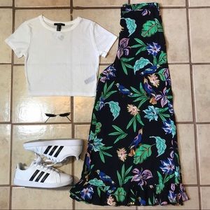 BLACK MULTICOLOR FLORAL WIDE LEG RUFFLE HEM PANTS